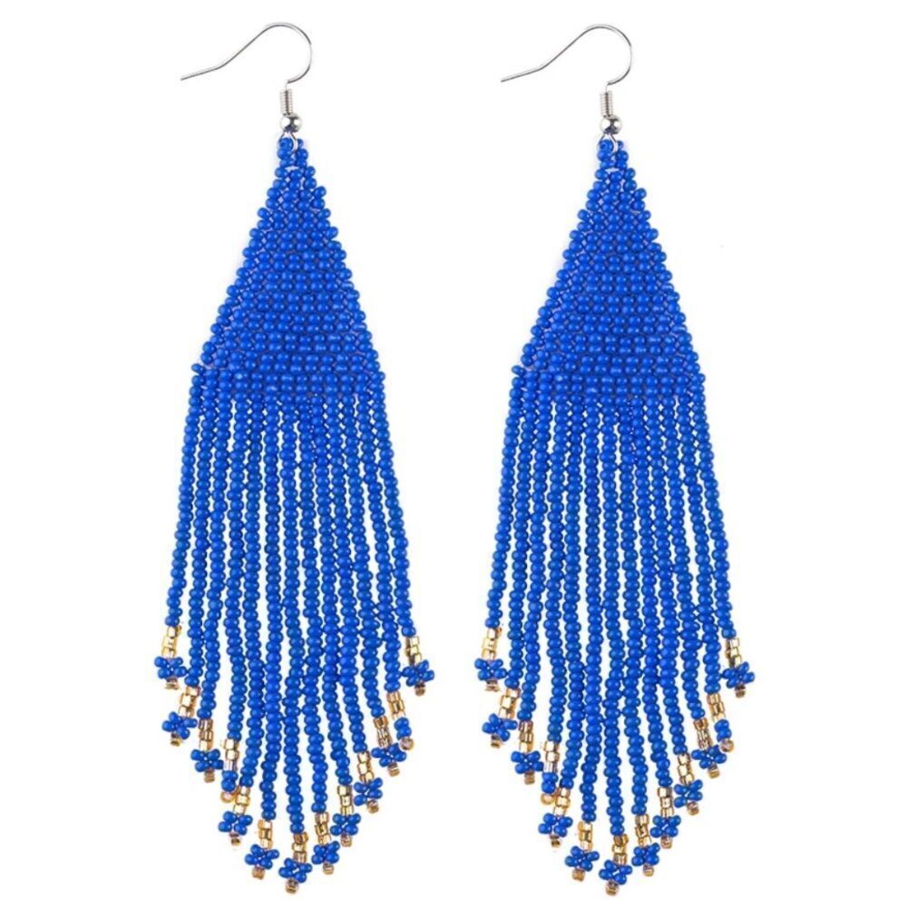 Blue Bohemian Seed Bead Tassel Dangling Statement French Wire Hook Earrings